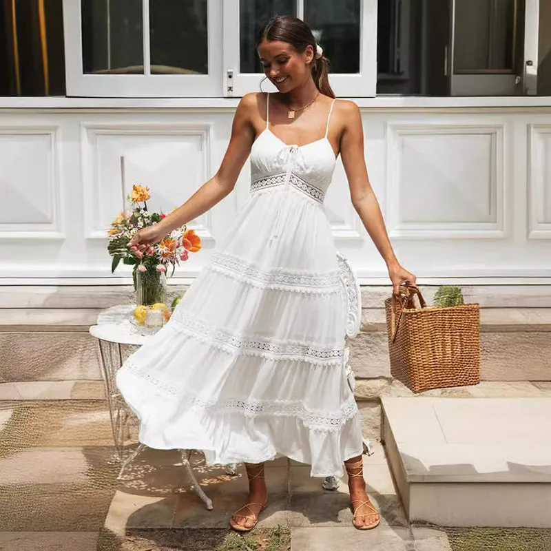 

DongCMY Women's Hot Sexy V-neck Bohemian Halter Dress Lace Up Patchwork Sleeveless Solid Color Holiday Beach Skirt Odziez Damska
