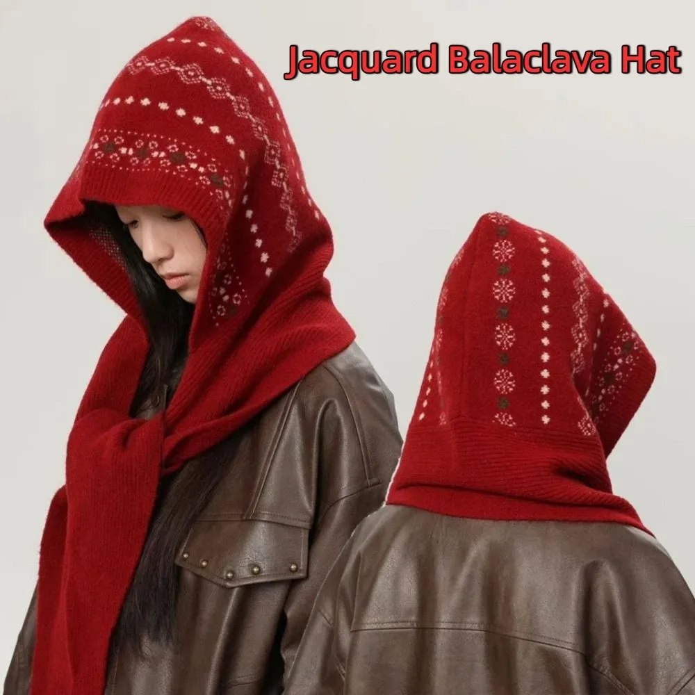 หมวกไหมพรมถักลายแจ็คการ์ดแบบคลุมหน้า สไตล์แฟร์ไอส์ พร้อมผ้าพันคอในตัว ป้องกันหู หมวกหนา อุ่น สำหรับฤดูหนาว ผู้หญิง/เด็กผู้หญิง