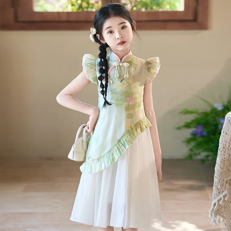 

Girls Hanfu Retro Kids Tradition Chinese Short Sleeve Cheongsam Vestido Children Princess Costume Kids Casual Qipao Daily Dress