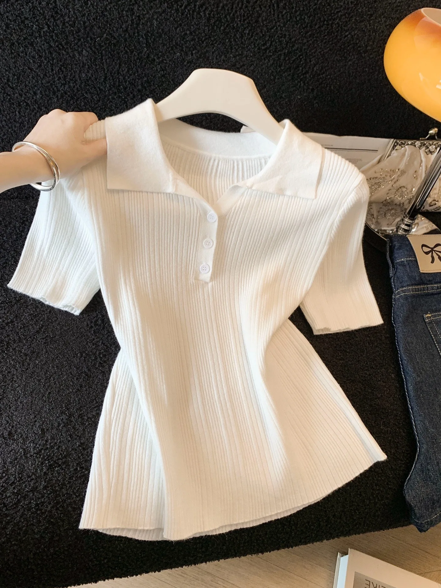 Slim Fit  Neck Ice Hemp Short Sleeve Knitted Top Women's Fashion Korean Style Summer New Arrival Middle Sleeve White T-Shirt