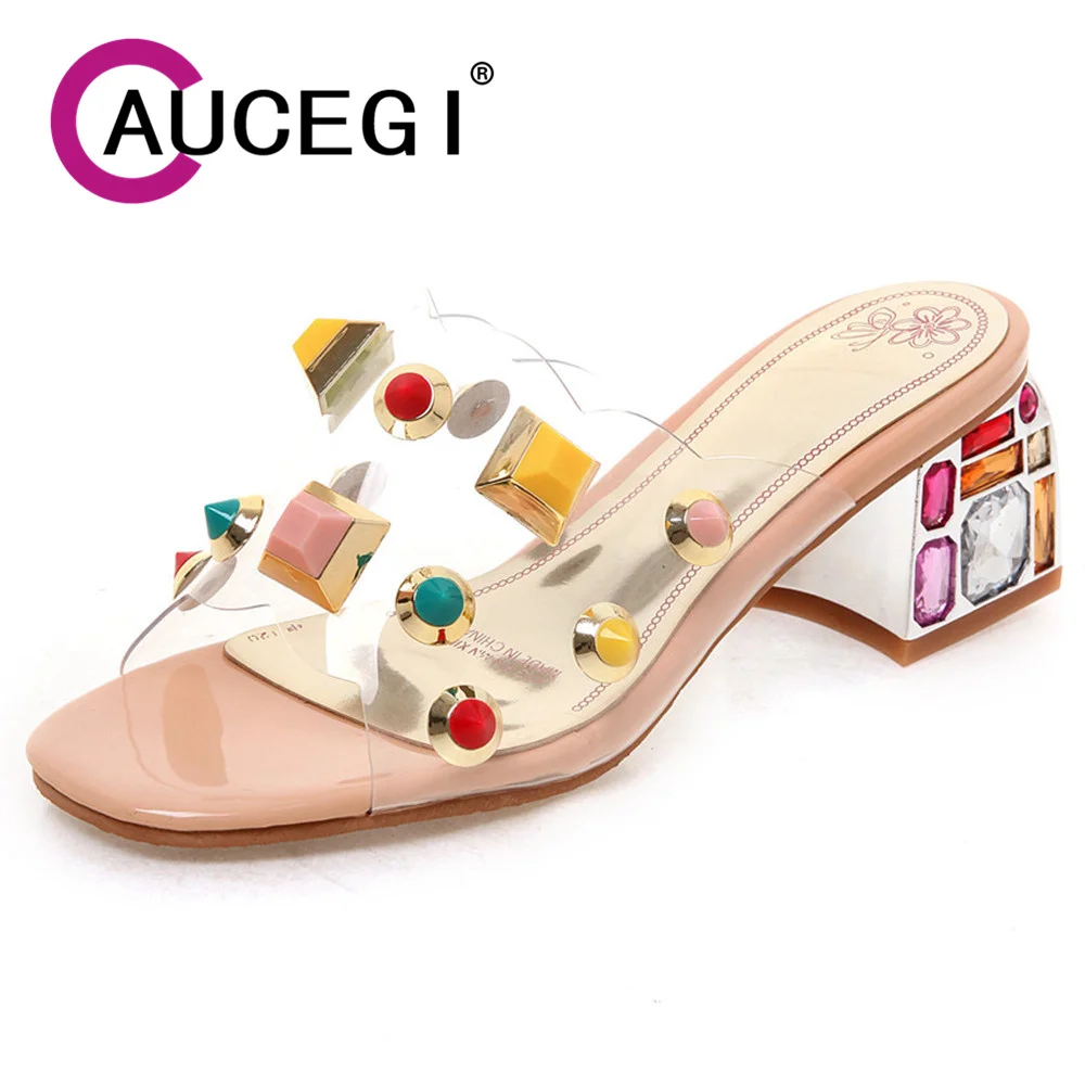 Aucegi Luxury Women Rhinestone Studded Clear PVC Chic Sandals Platform Thick Heel Summer Retro Round Peep Toe Dress Party Shoes