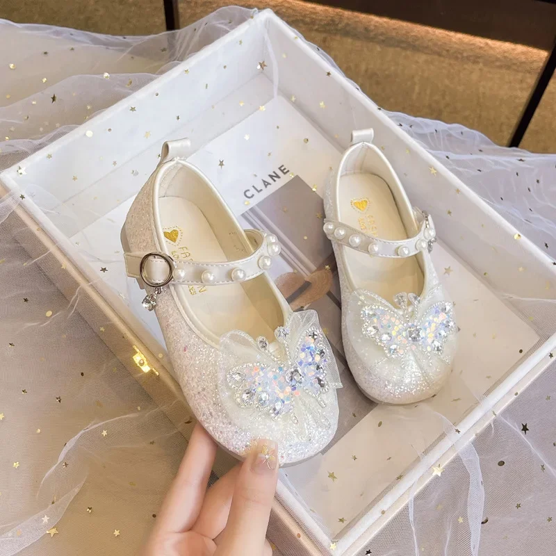 Little Girl Leather Shoes Spring Autumn Kids Sequins Party Shoes Fashion New Butterfly Children Princess Shoes Sweet Elegant