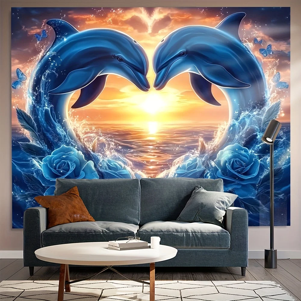 Blue Dolphin Couple Wall Tapestry Ocean Sunset Decor Marine Life Art Polyester Hanging Wall Poster for Bedroom Living Room Home