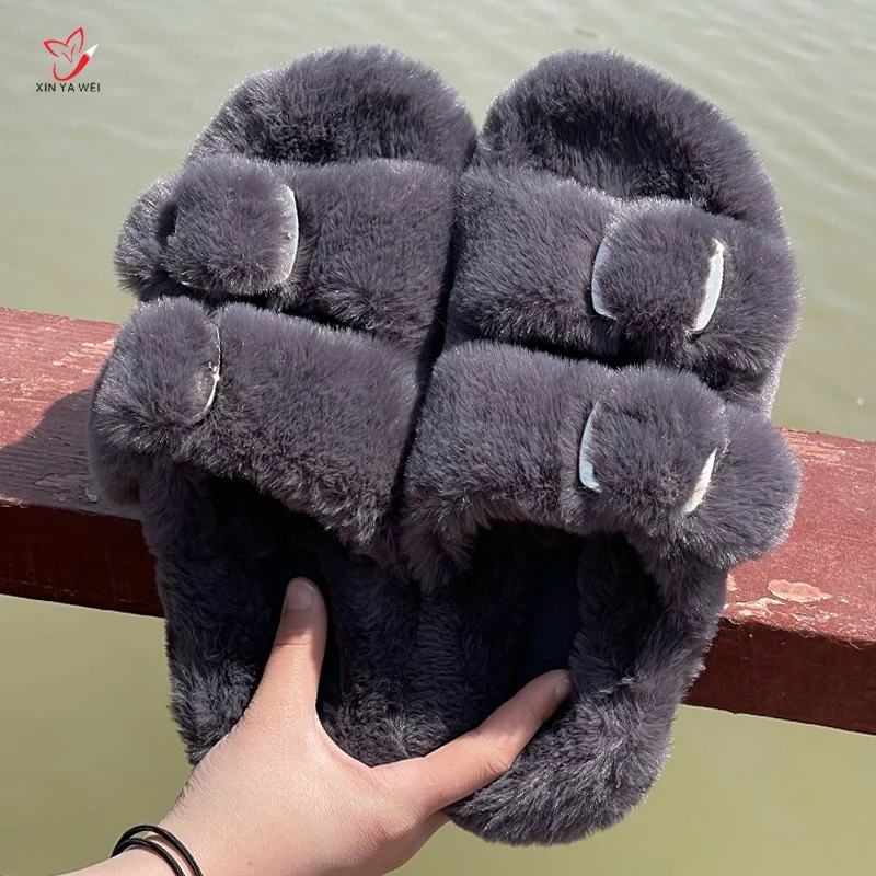 2024 Winter Faux Fur Slippers Women Fluffy Slipper Warm Shoes Woman Slip On Flats Female Slides Pink Cozy Outdoor Furry Slippers