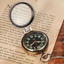 Retro Pocket Watch Luminous Digital Pointer Magnifier Men's Quartz Pocket Watch Luxury Smooth Bronze Fob Chain Clock Men's