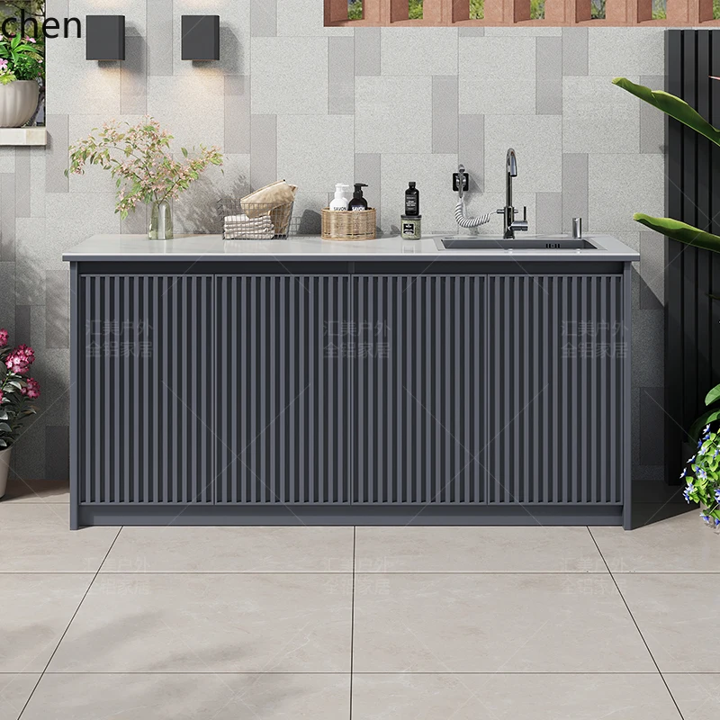 

QZT outdoor washing table with washing machine faucet rock slab courtyard garden grille sink integrated balcony storage cabinet