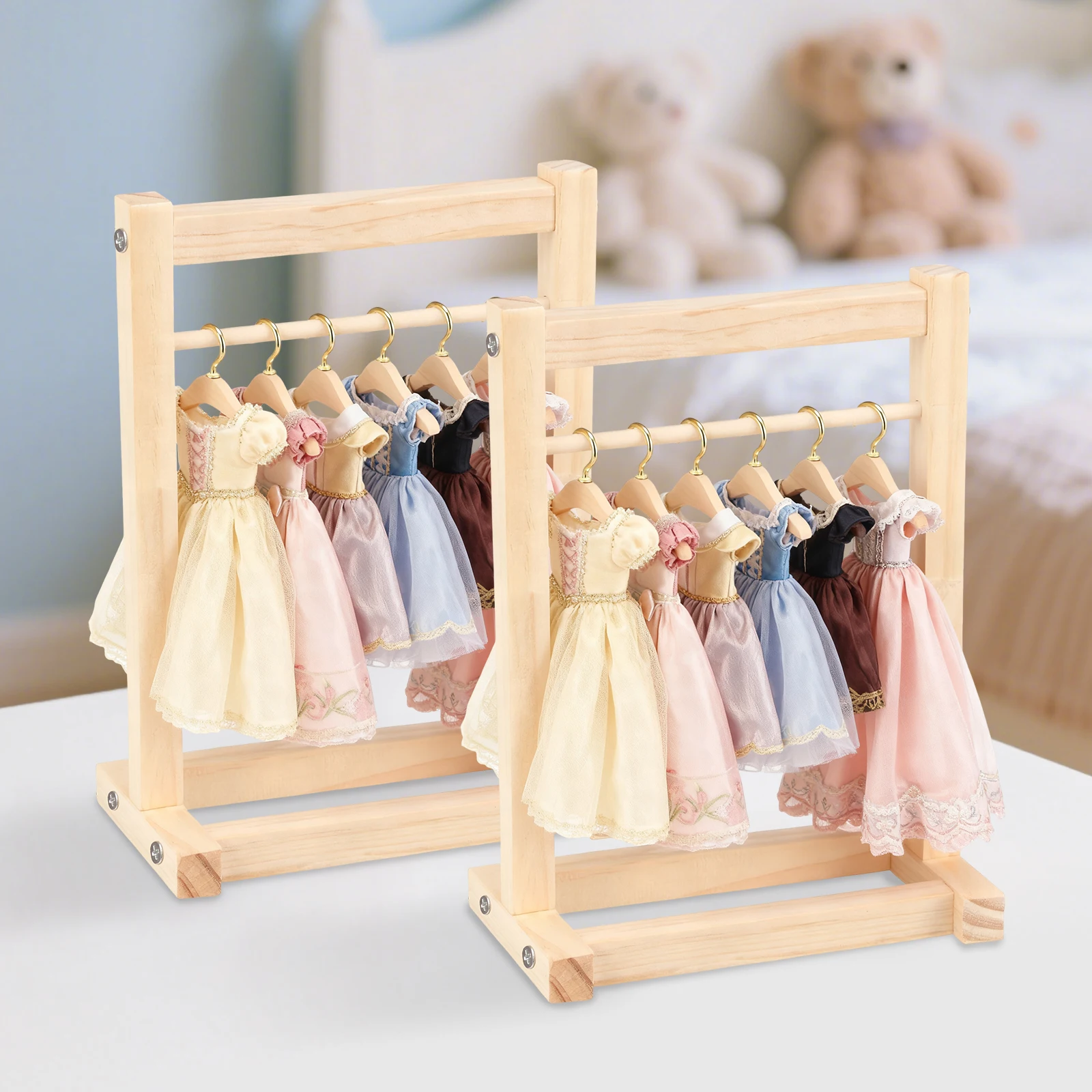 

2 шт. мини-вешалки для одежды для куклы, деревянная вешалка для одежды для куклы с 12 вешалками, миниатюрная вешалка для кукольной одежды для девочек