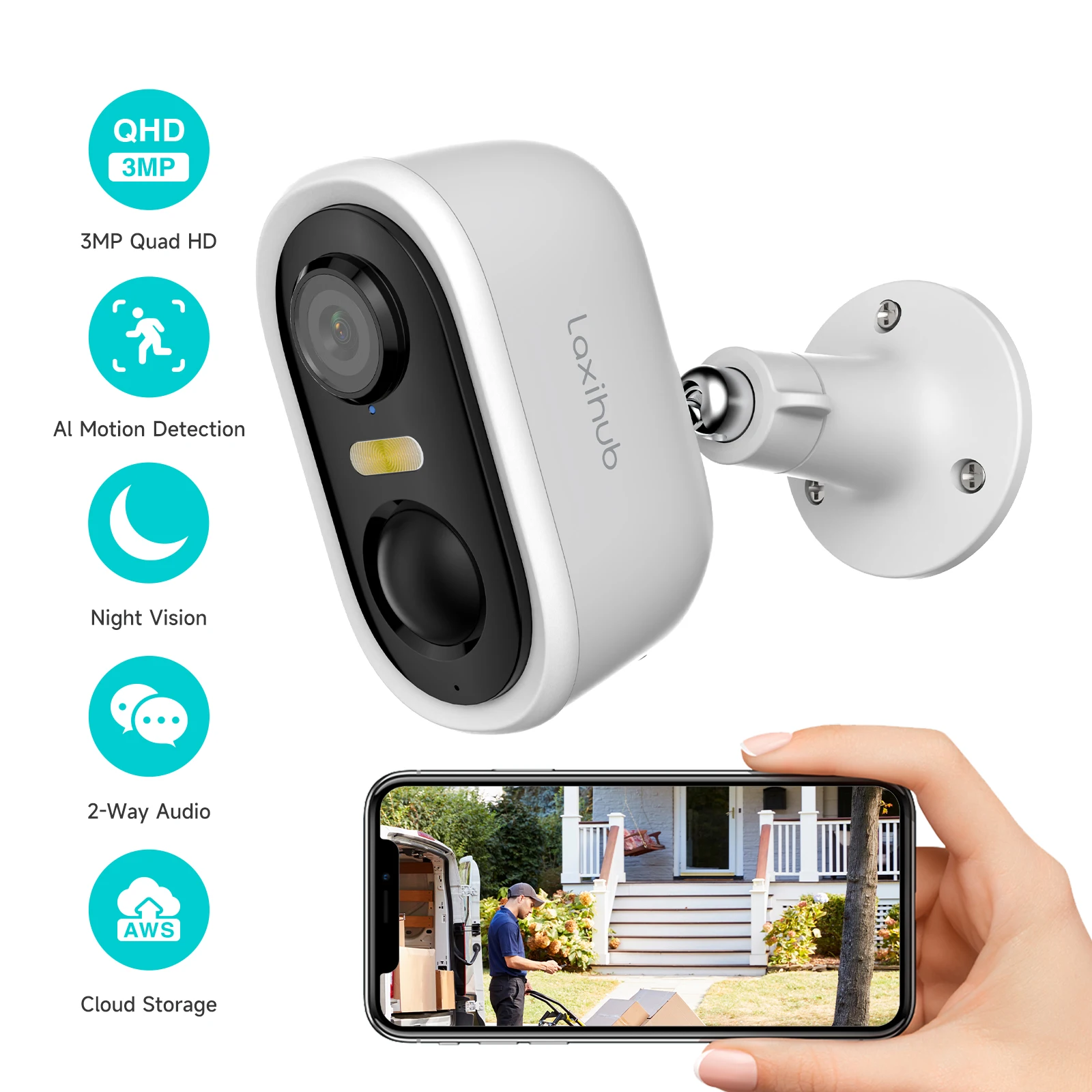 Laxihub 2K 3MP Outdoor Wireless Rechargeable 5200mAh Battery, Security Camera with Spotlight, AI Motion & Audio Detection