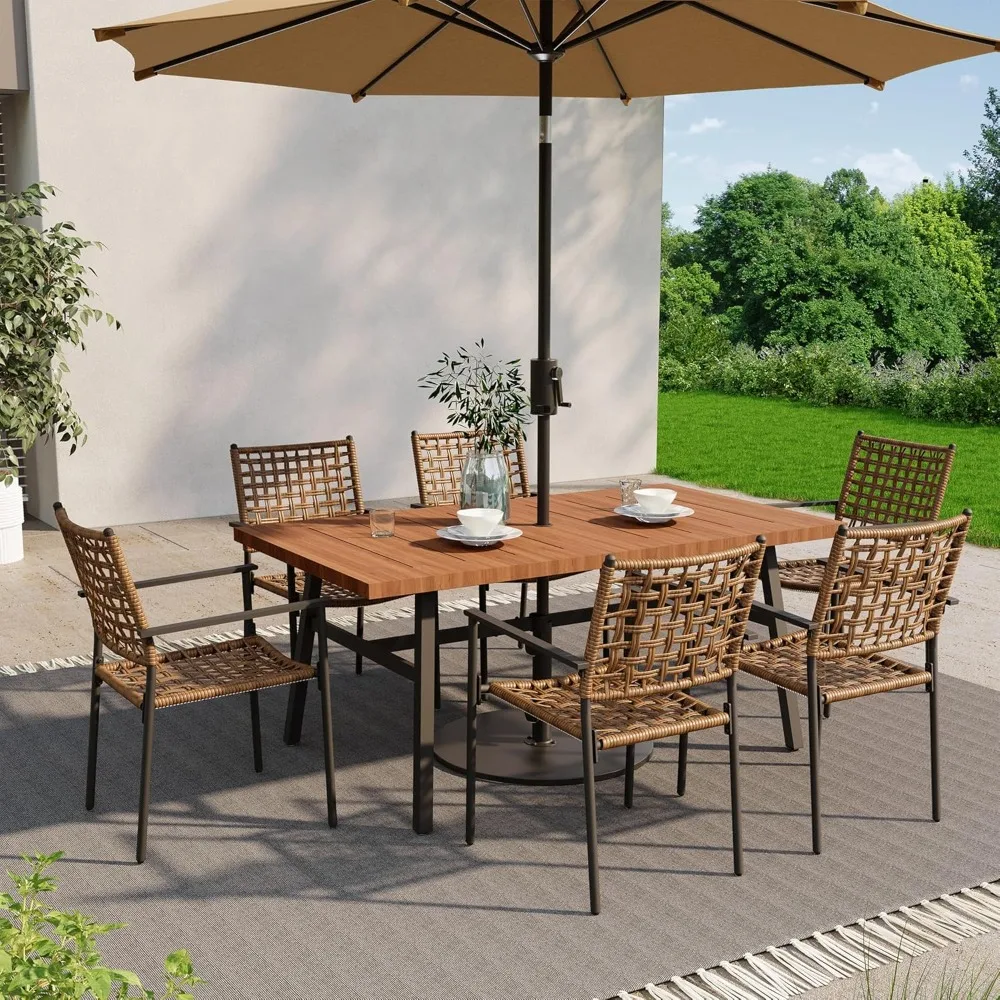 

Outdoor Patio Dining Set 7 Pieces, Outdoor Rattan Dining Table and Chairs Set with Metal Table and Umbrella Hole, Customized