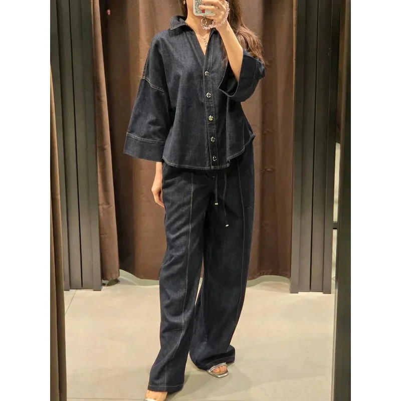 

Retro commuter waist straight pants two-piece suit women's long-sleeved denim shirt high waist trousers women's suit 2025 autumn