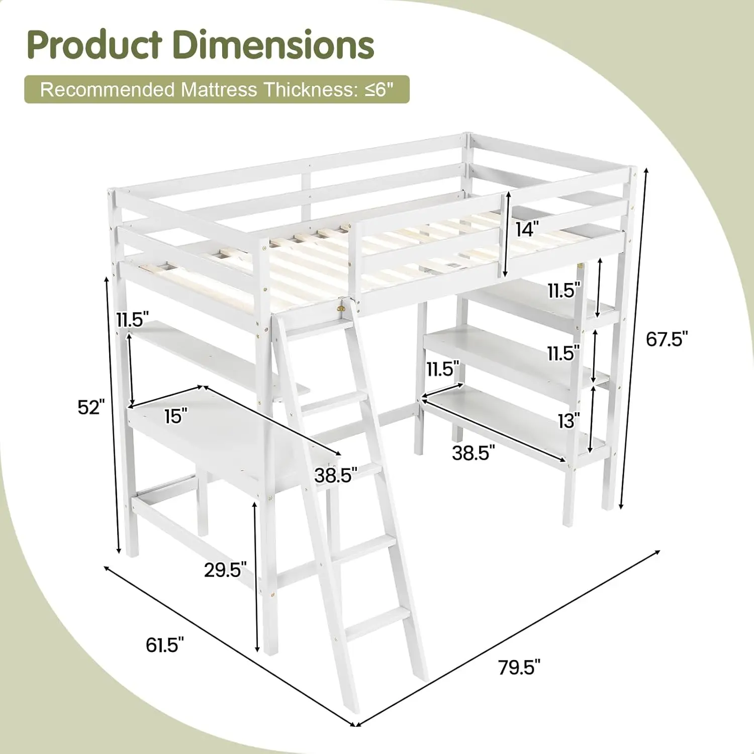Kotek Twin Loft Bed With Desk & Storage Shelves, Solid Wood Loft Bed Frame With Bookcase, Ladder, Guardrails, Twin Size Loft