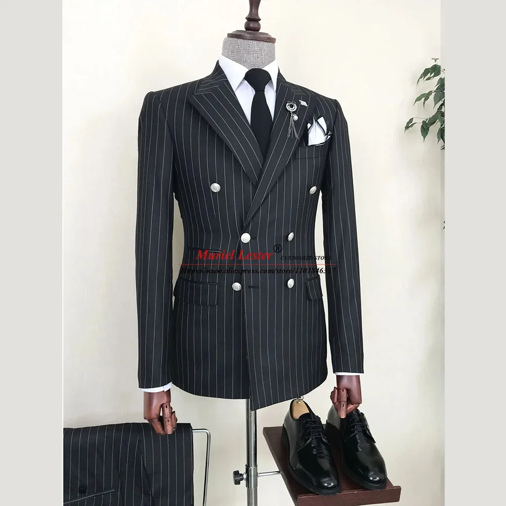 

Business Stripe Suits Men Slim Fit Black Double Breasted Coat Pant Design Latest 2 Pieces Male Fashion Groomsman Wedding Tuxedo