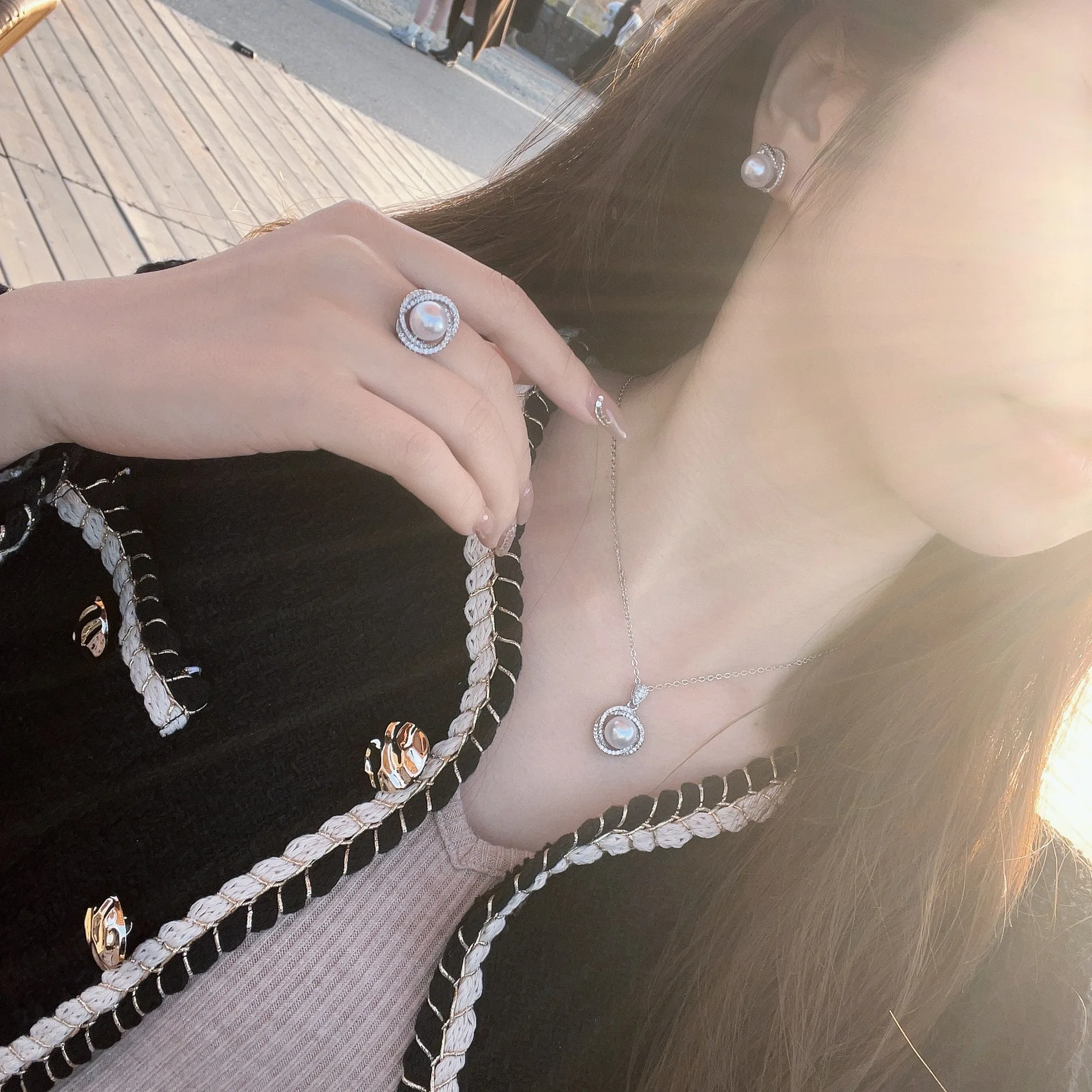 Creative pearl ring earrings necklace hollow out silver 925 inlaid with full diamond round white round beads fashion jewelry set