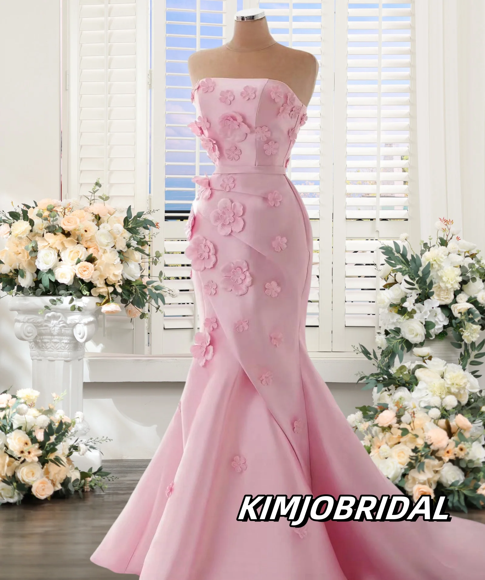 Customized Pink Mermaid Satin Prom Dresses Long for Saudi Arabia Women 2025 Strapless Neck Hand Made 3D Flowers Evening Gowns