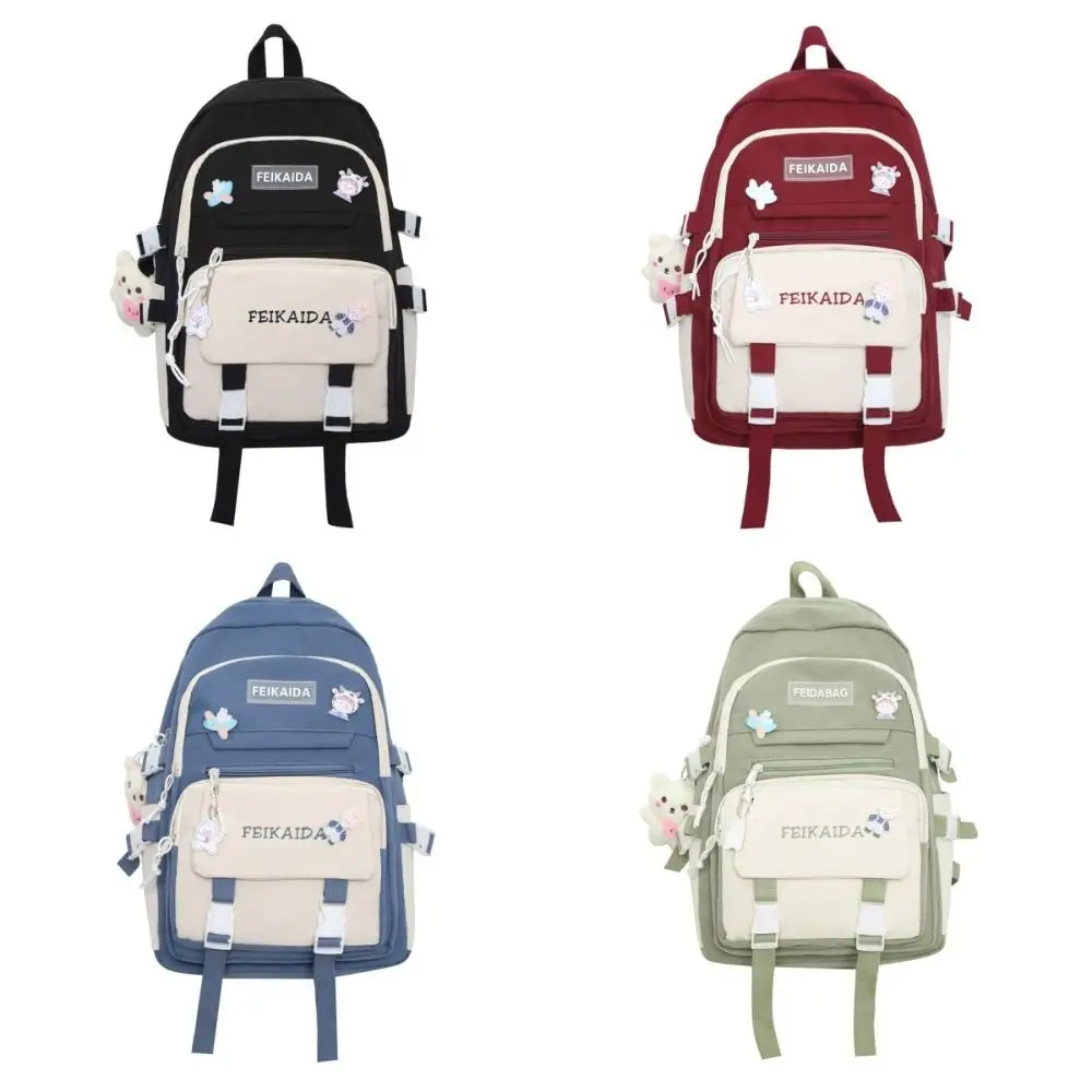 

Waterproof Nylon Students Backpack Multi Pocket Leisure School Bag with Cartoon Pendant Simple Casual