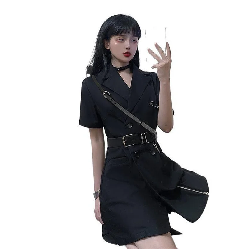 Summer New Harajuku Double Breasted Suit Short Sleeve Dress Retro Fashion Zipper Split Small Black Skirt Emo Sukienka Goth Urban