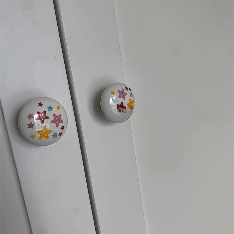 38mm Large Round Ceramic Furniture Handle Drawer Knob Cartoon Rainbow Printing Handles Wardrobe Cabinet Door Pulls Diy