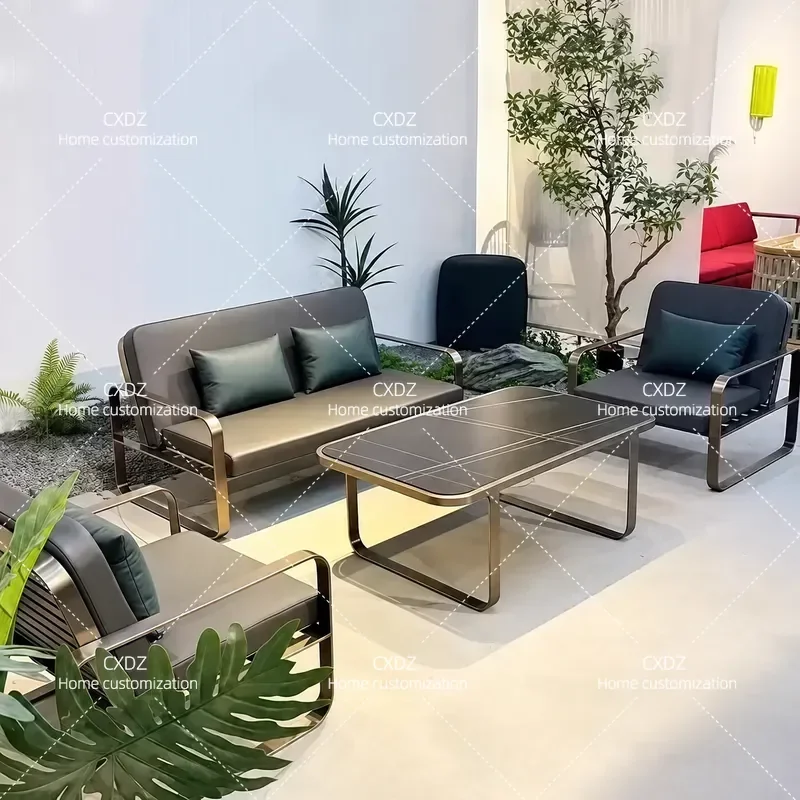 Outdoor Stainless Steel Metal Sofa Set Waterproof Sunproof Leisure Furniture for Villa Courtyard with Coffee Table 3 Piece