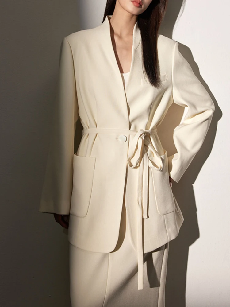 YERMORA Women Two Pieces Set White Bandage Elegant Blazer V-neck Long Sleeve Fashion Skirt Tide Spring Autumn 2025 New A826