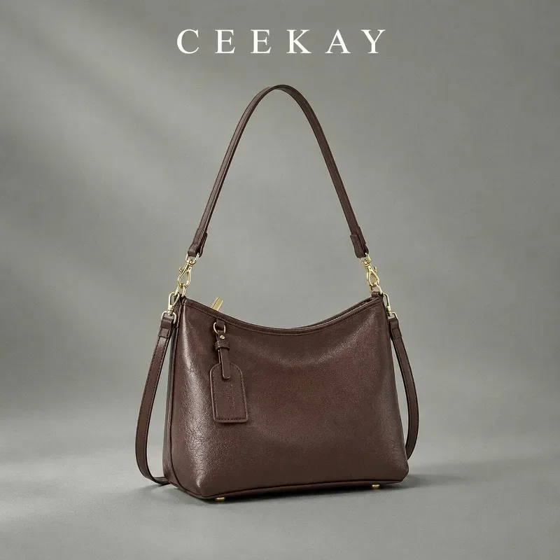 CEEKAY Leather Hobo Bag Top Handle Zipper Metal Ring Tag Detail Versatile Everyday Commute Casual Large Capacity Purse Women
