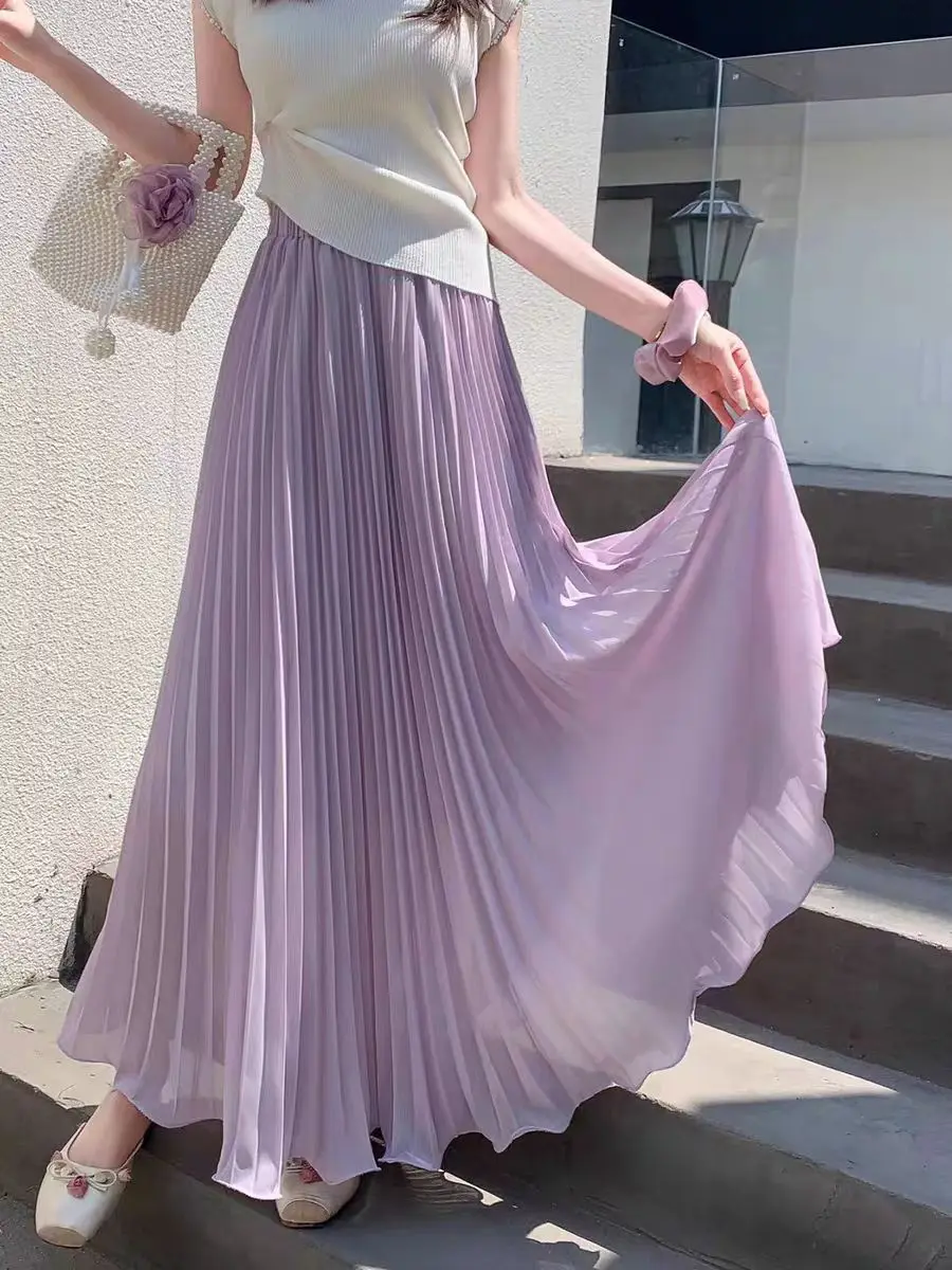 2025 Summer Pleated Chiffon Skirt Women's High-Waisted Flowy A