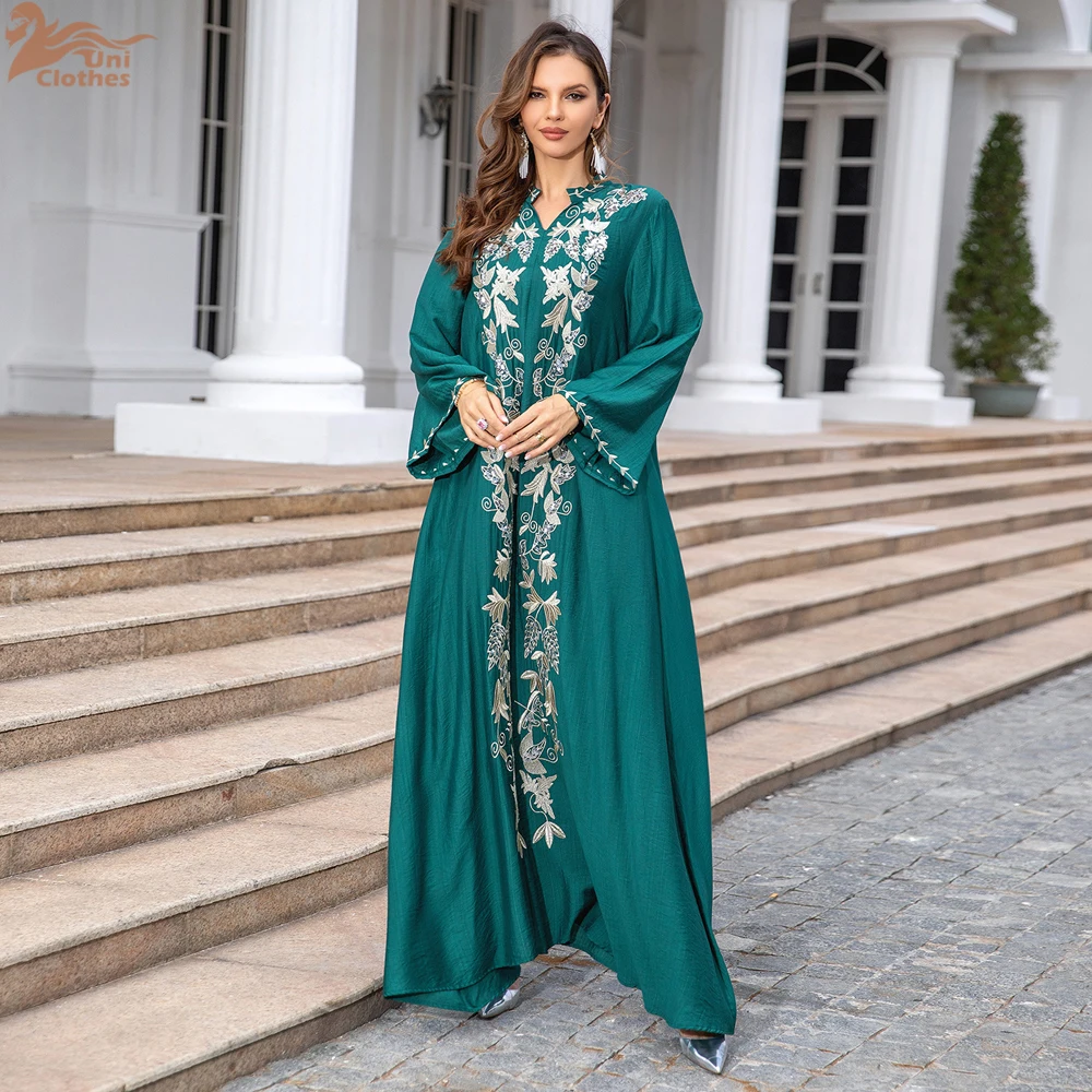 Uni Fashion Dubai Women Dress Floral Embroidery Abayas Long Sleeve Notched V-Neck Loose Skirt Turkish Saudi Party Gown