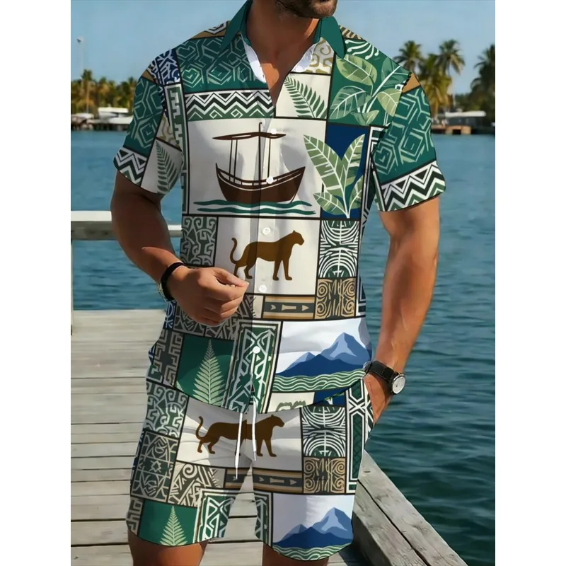 Conjunto informal de dos piezas para hombre, camisa hawaiana con estampado de animales, pantalones cortos, ligero y duradero para salidas al aire libre, viajes a la playa