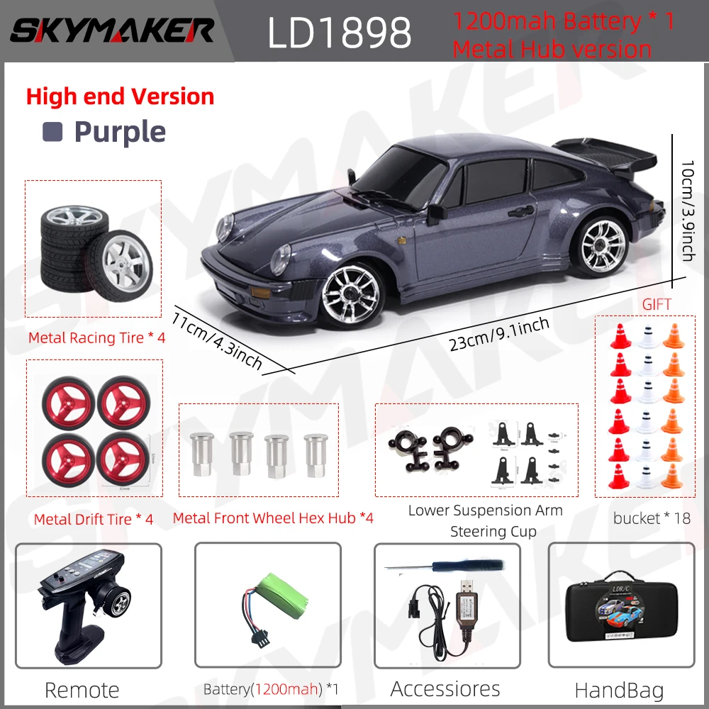 Skymaker LDRC 1/18 RC Drift Auto LD1898 911 Modus 2,4 GHz met Gyroscoop on-Road Legering Body Shell Racewagen voor Kinderen Geschenken