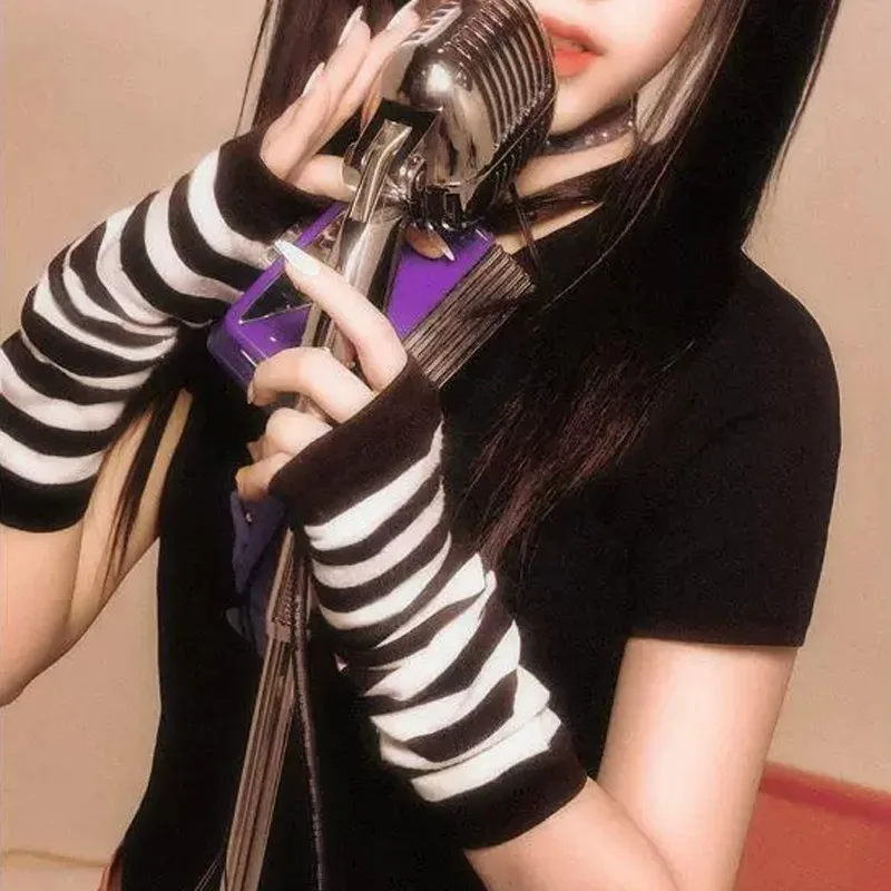 النساء y2k شتاء دافئ طويل الأكمام أصابع قفازات شريط الهيب هوب محبوك الكوع القفازات مرونة في الهواء الطلق دفئا لوليتا تأثيري