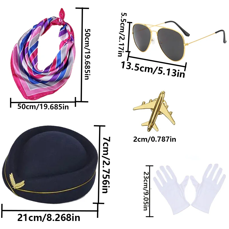 Conjunto de disfraz de azafata con sombrero, guantes, bufanda, broche, estuche para gafas para azafata, juego de rol, traje de azafata Vintage