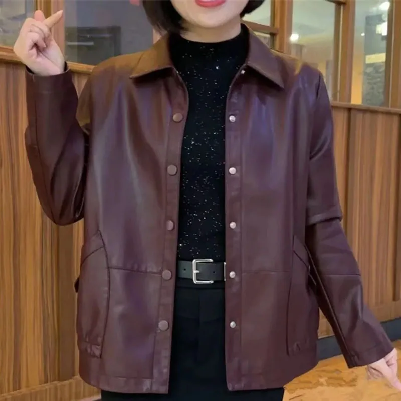 가을 여성용 큰 사이즈 5XL 인조 가죽 탑 아우터 2025 여성 패션 PU 가죽 코트 한국 여성 라펠 인조 가죽 재킷