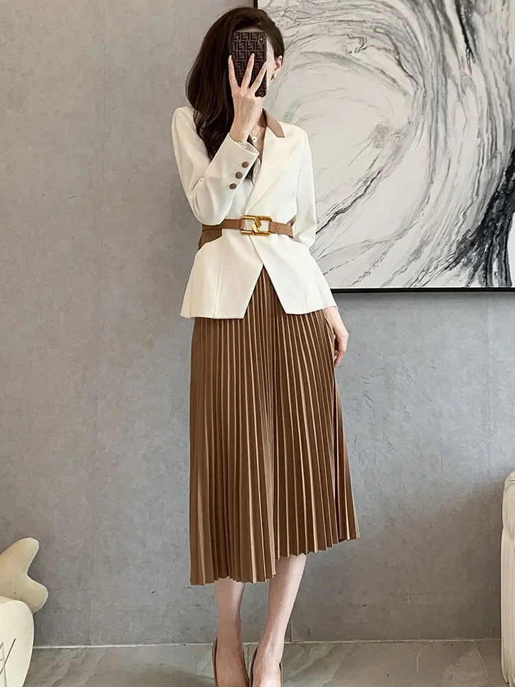Coreano escritório manga longa blazer casacos topos conjuntos primavera outono ol cintura alta saia plissada roupa feminina formal 2 peças conjuntos