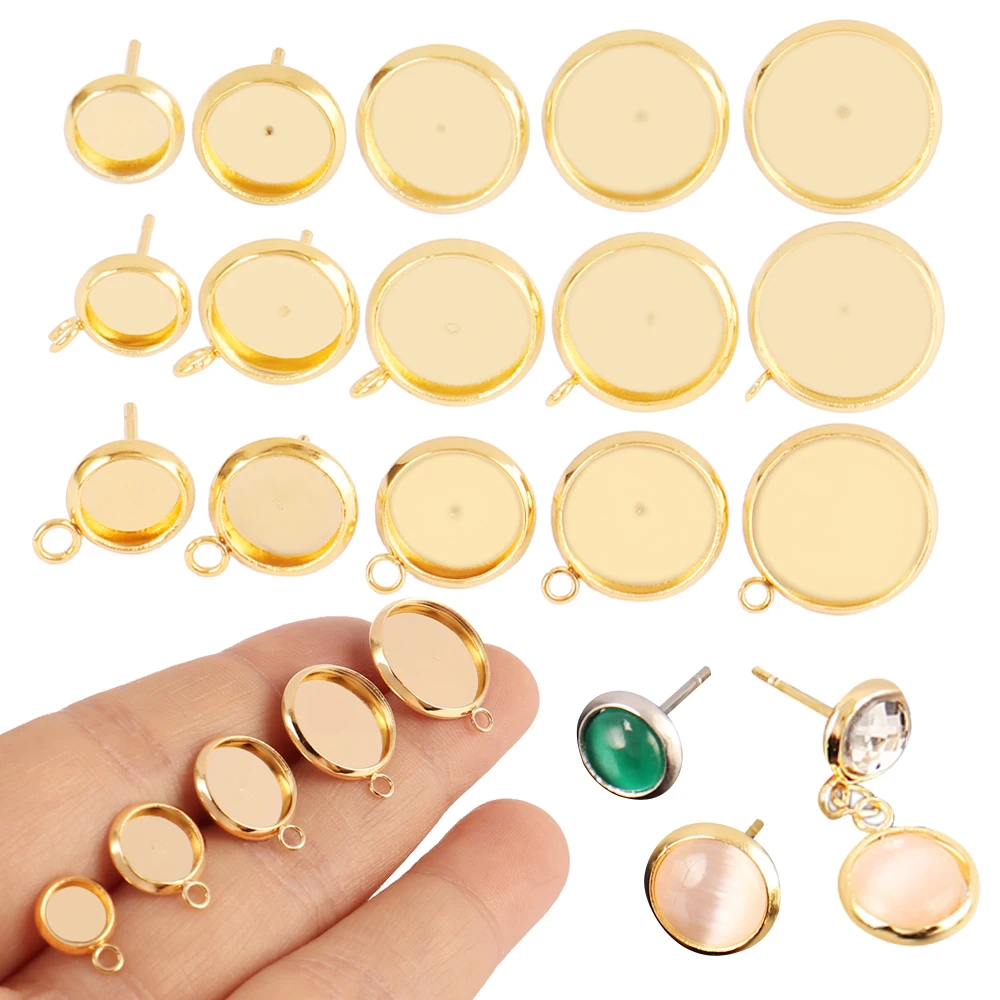 10pcs Stainless Steel Stud Earring Base Glass Cabochon Blank Base Settings Bezels Tray Round DIY Earrings Jewelry Making Finding
