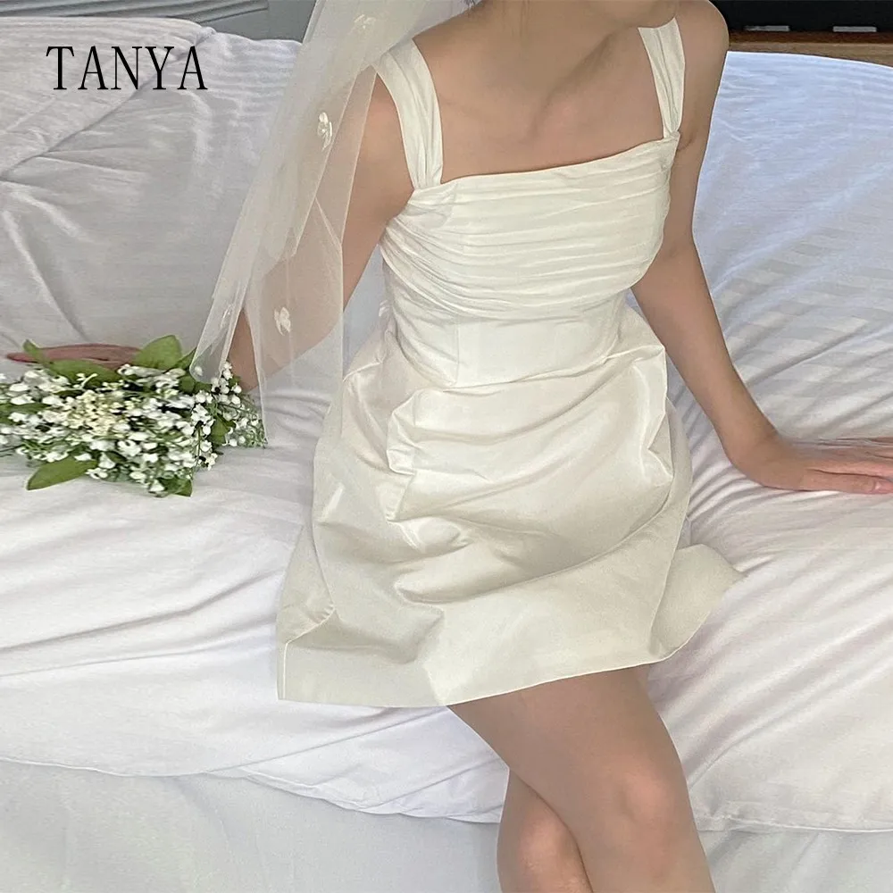 Vestido de novia corto de tafetán Simple, con tirantes finos de fiesta minivestido, línea A, cuello cuadrado, hasta la rodilla