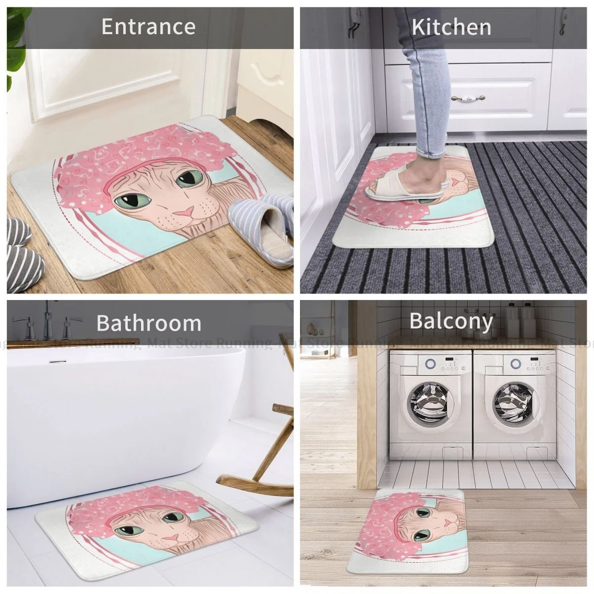 Non-slip Doormat Hairless Sphynx Cat Wearing A Pink Shower Cap Bath Bedroom Mat Outdoor Carpet Home Pattern Decor