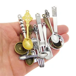 Julie Wang 12PCS Mixed Spoon Cooking Shovel Saucepan Fork Charms Alloy Tableware Bracelet Jewelry Making Pendant Metal Accessory