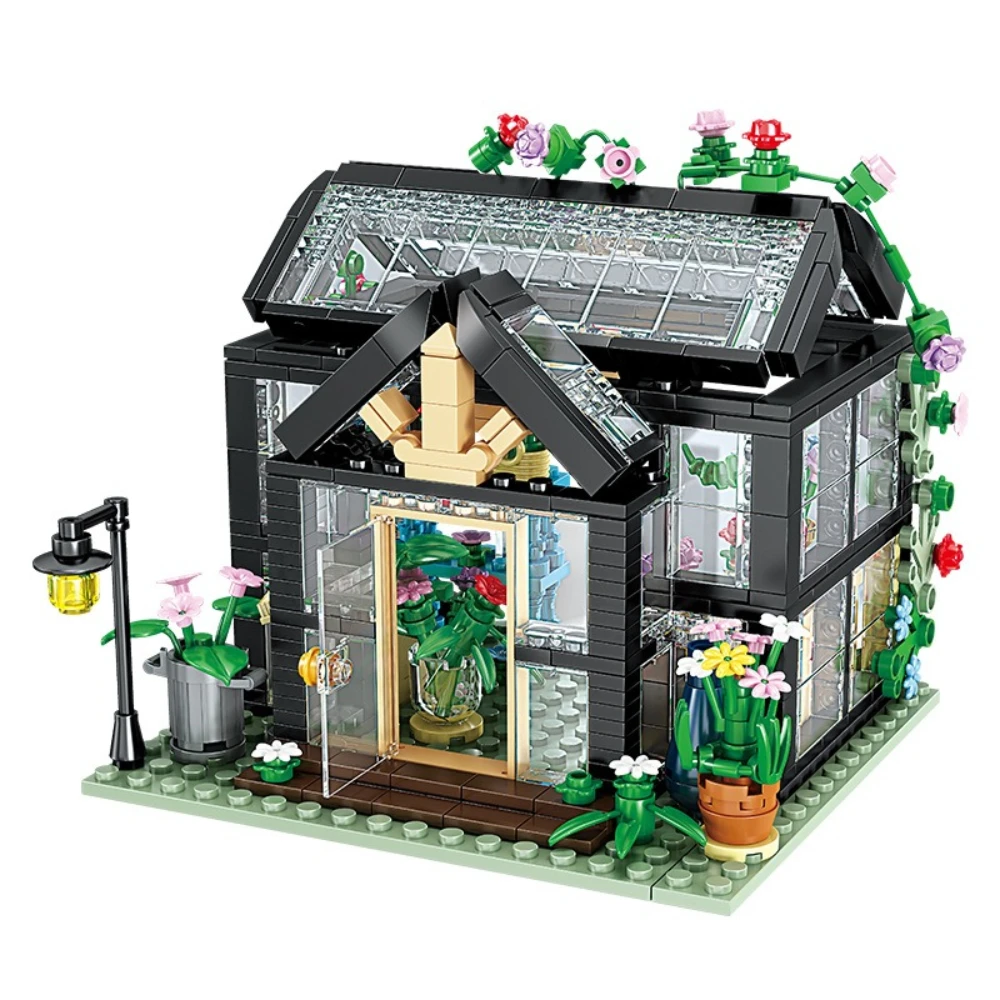ชุดตัวต่อบล็อกบ้านดอกไม้สีดำ MOC Unique Sunshine ของเล่นห้องสวนพฤกษศาสตร์สำหรับเด็ก ของขวัญวันเกิดและวันหยุด