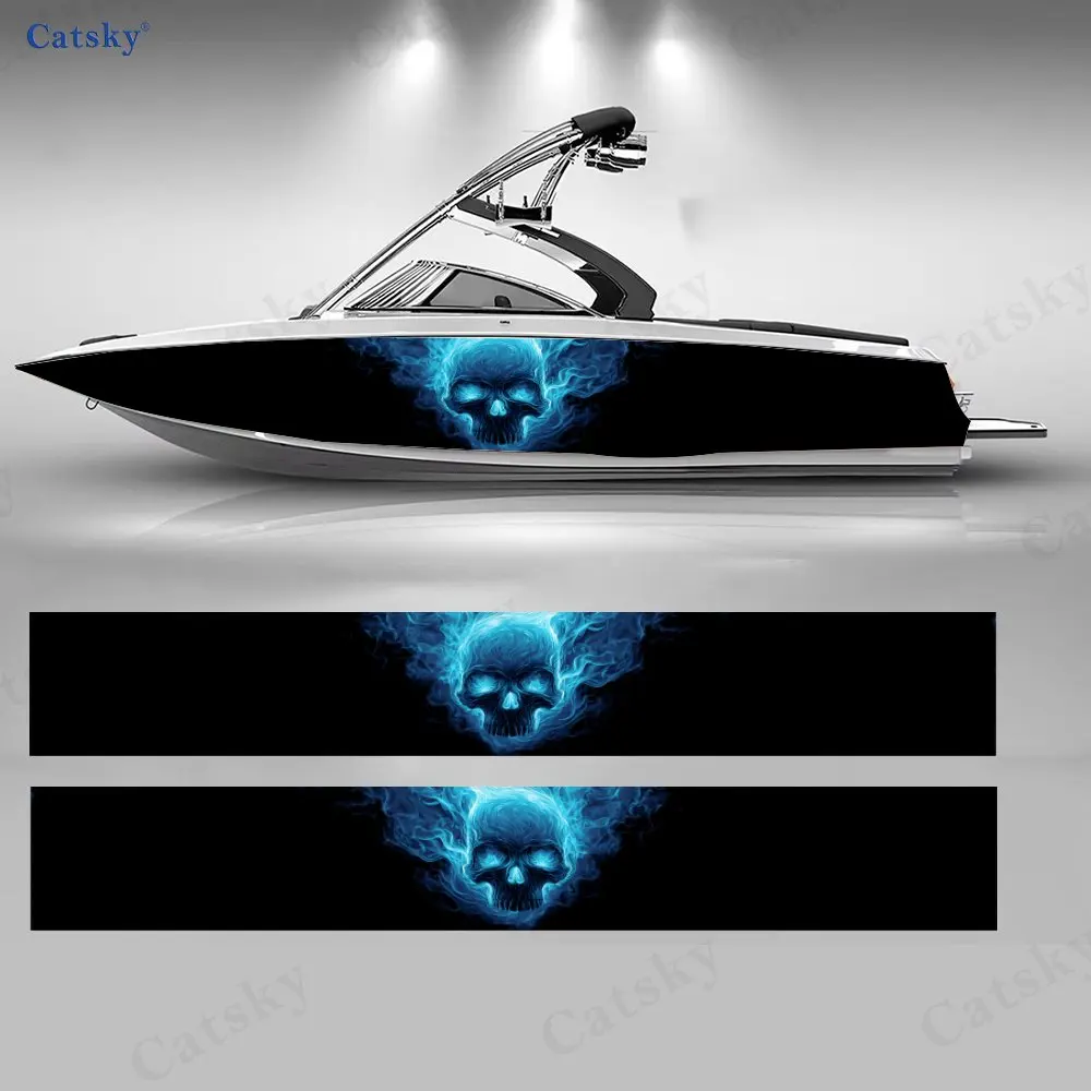 2Pcs Ice Flame Blue Mist Skull Boat Stickers, PVC Waterproof Vinyl Wrap Decals for Fishing Boats, Durable and Stylish Design