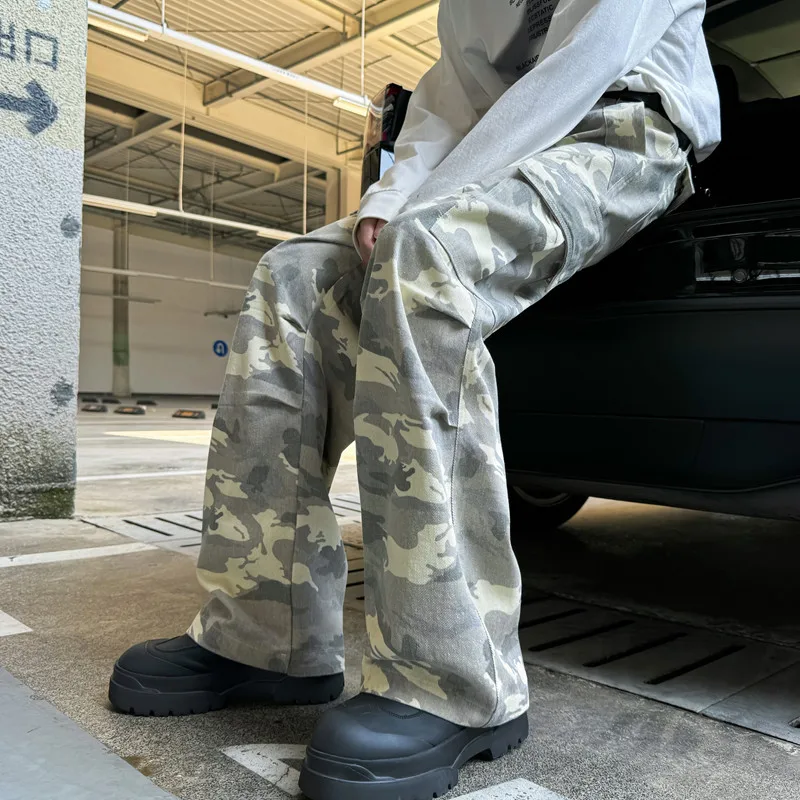 อเมริกัน Hiphop Camouflage กางเกงผู้ชาย Retro Paratrooper Workwear หลวมตรงขากว้างขากางเกงขายาวสบายๆ