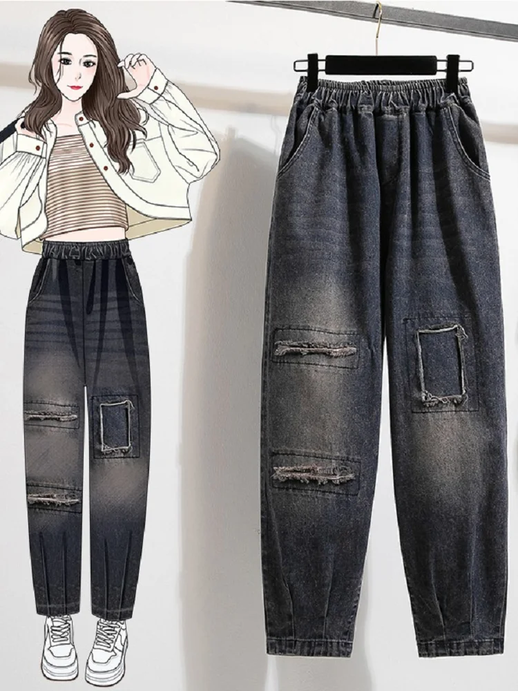 

Женские повседневные брюки в американском стиле с высокой талией, эластичные, весенне-осенние, новая модная универсальная модель свободного кроя, джинсы-харлан.