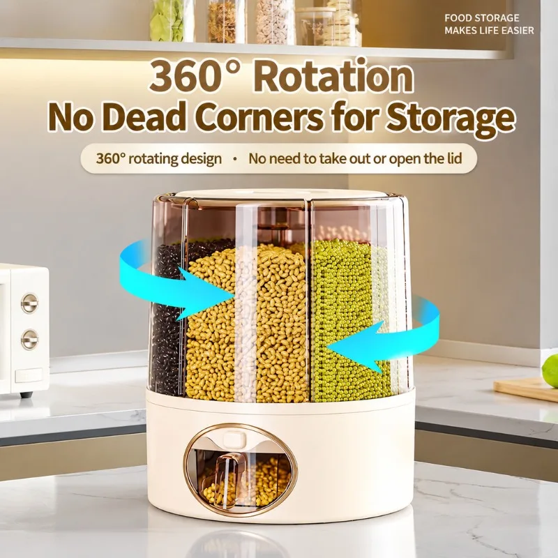 360° Rotary Rice Dispenser Sealed Grain Storage Container Insect & Moisture Proof for Beans Cereal Dry Food Kitchen Pantry Use ﻿