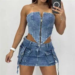 Fashion Denim Women's Set Zip Up Crop Top and Strap Pockets Skirts Street Two 2 Piece Sets