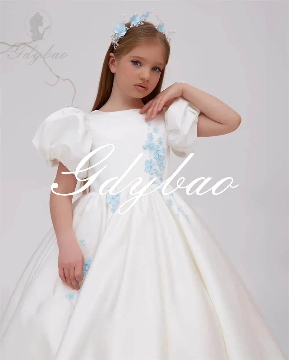 Princesa applique uma linha vestido da menina de flor manga curta até o chão trem varredura elegante formal longo bola primeira comunhão vestido