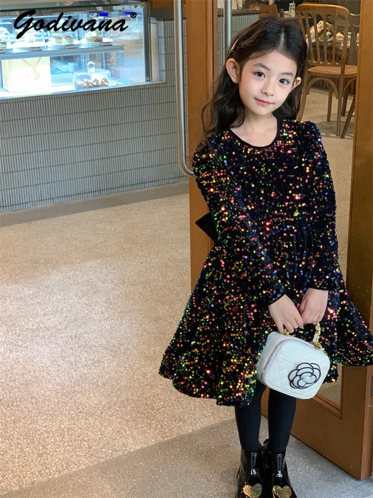 Baby Girls Luxury Niche Long Sleeve Dress Childrens High End 2026 Spring New Sequined Cute Bow Host Birthday Party Princess Gown