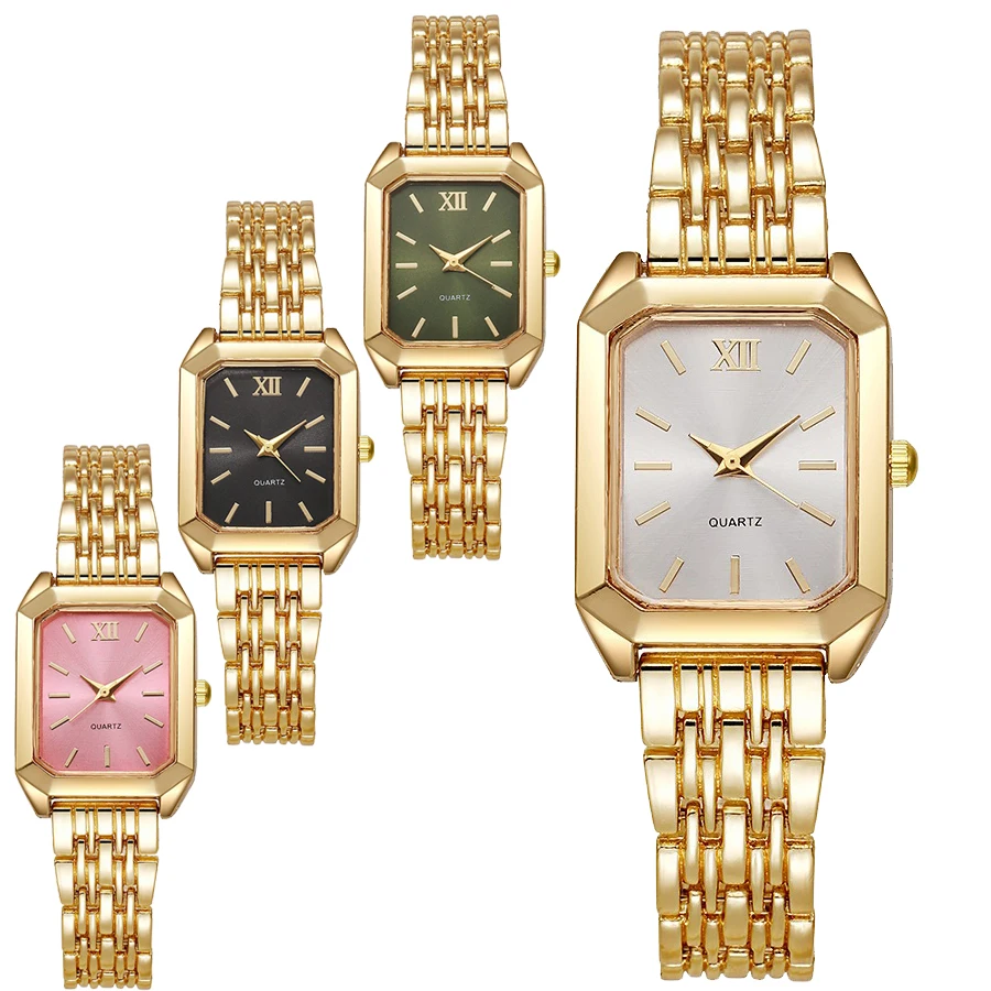 Light-luxury Women's Watches Bracelet Set Alloy Band Business Ladies Quartz Wristwatches Square Gold Plated Folding Female Clock