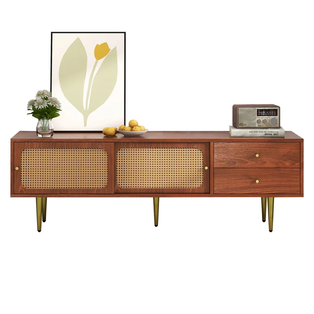 Moderner TV-Ständer mit Rattan-Schiebetüren, praktischer Stauraum, dunkles Rattan-Design aus Walnussholz – Detail 12