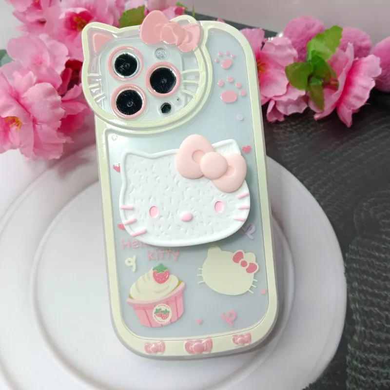Nova kawaii sanrio olá kitty capa de telefone de silicone macio com suporte adequado para iphone 16 15 14 12 13 11 pro max alta beleza