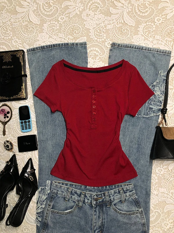 

Красная оригинальная футболка BaoYao Girl ort Sve, женская летняя винтажная дизайнерская круглая облегающая хлопковая футболка в Корейском стиле