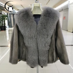 Moda invernale da donna 100% pelliccia di visone giacca intera in pelle calda giacca in pelle con collo in pelliccia di volpe naturale cappotto di lusso di alta qualità