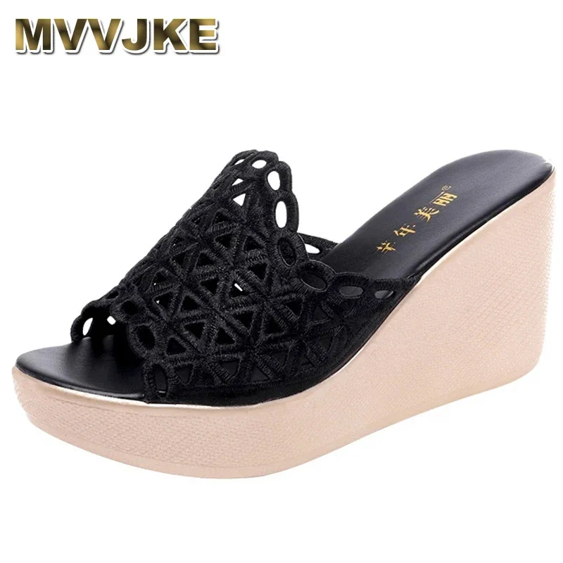 

Plus Size 32-43 Open Head Rhinestone Slippers Women Wedding Shoes Summer High Heels Wedges Slippers Ladies Slides